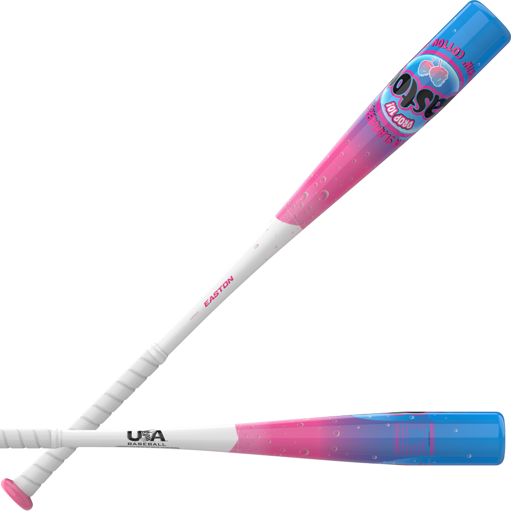 A 2027 Easton Soda Slammers Crushin’ Cotton Candy (-10) 2 5/8″ USA Baseball Bat with a white handle transitioning into a pink and blue gradient barrel featuring cotton candy graphics.
