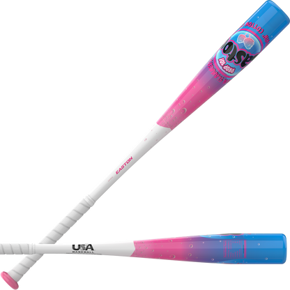 A 2027 Easton Soda Slammers Crushin’ Cotton Candy (-10) 2 5/8″ USA Baseball Bat with a white handle transitioning into a pink and blue gradient barrel featuring cotton candy graphics.