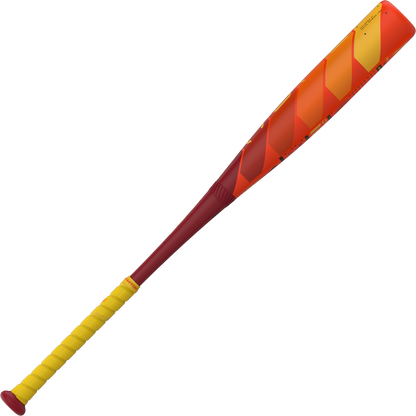A 2025 Easton Hype Fire (-10) 2 3/4" USSSA Baseball Bat (EUT5HYP10 DEMO) by Easton, featuring a yellow grip, red handle, and an orange-red patterned barrel, displayed against a plain white background.