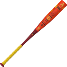 The 2025 Easton Hype Fire (-10) 2 3/4" USSSA Baseball Bat (EUT5HYP10 DEMO) features a bright red and yellow design with a yellow grip, logos, text, and a crown symbol near the end of the barrel.