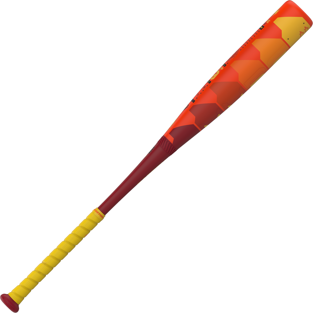 The 2025 Easton Hype Fire (-10) USSSA Baseball Bat features a yellow grip, red handle, and an orange-to-yellow hexagon-patterned barrel, plus advanced Thermo-Composite technology for top performance.