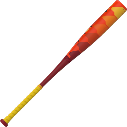 The 2025 Easton Hype Fire (-10) USSSA Baseball Bat features a yellow grip, red handle, and an orange-to-yellow hexagon-patterned barrel, plus advanced Thermo-Composite technology for top performance.