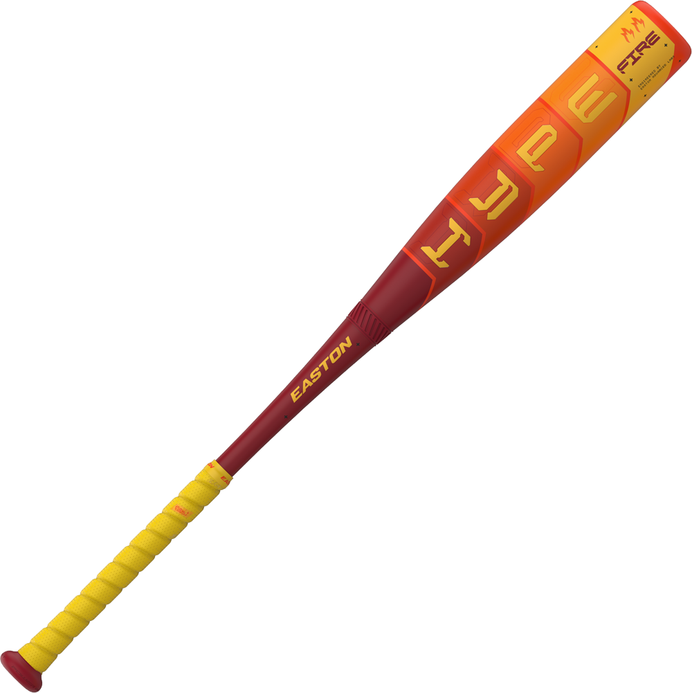 The 2025 Easton Hype Fire (-5) 2 3/4" USSSA Baseball Bat (EUT5HYP5) features a yellow grip, red handle, orange barrel with bold yellow graphics, and advanced Thermo-Composite tech for top performance.