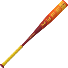 The 2025 Easton Hype Fire (-5) 2 3/4" USSSA Baseball Bat (EUT5HYP5) features a yellow grip, red handle, orange barrel with bold yellow graphics, and advanced Thermo-Composite tech for top performance.