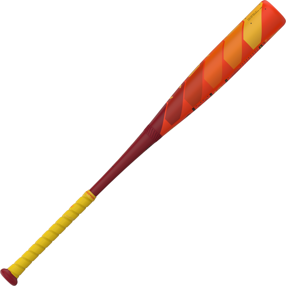 The 2025 Easton Hype Fire (-5) 2 3/4" USSSA Baseball Bat (EUT5HYP5) showcases a red-orange gradient barrel and yellow grip, highlighting advanced Thermo-Composite technology on a plain white background.