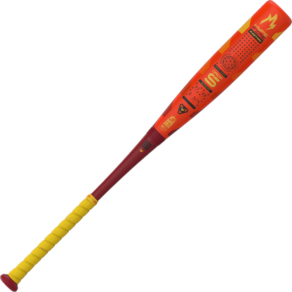 The 2025 Easton Hype Fire (-5) 2 3/4" USSSA Baseball Bat (EUT5HYP5) features a bold red and orange design with yellow, black, and yellow grip accents plus Thermo-Composite technology for top performance.