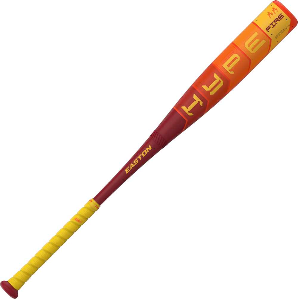 The 2025 Easton Hype Fire (-8) 2 3/4" USSSA Baseball Bat features a red and yellow design with a yellow grip, orange-red accents, bold yellow lettering, “FIRE” on the barrel, and advanced Thermo-Composite technology.