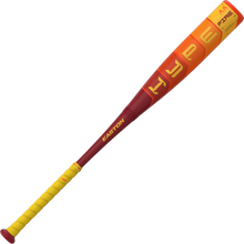 The 2025 Easton Hype Fire (-8) 2 3/4" USSSA Baseball Bat features a red and yellow design with a yellow grip, orange-red accents, bold yellow lettering, “FIRE” on the barrel, and advanced Thermo-Composite technology.