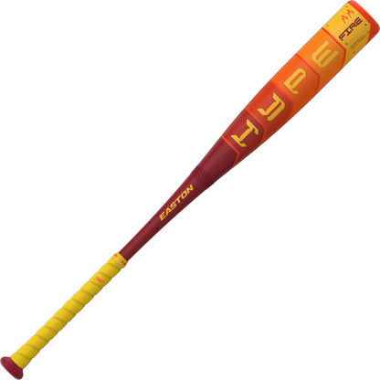 The 2025 Easton Hype Fire (-8) 2 3/4" USSSA Baseball Bat features a red and yellow design with a yellow grip, orange-red accents, bold yellow lettering, “FIRE” on the barrel, and advanced Thermo-Composite technology.