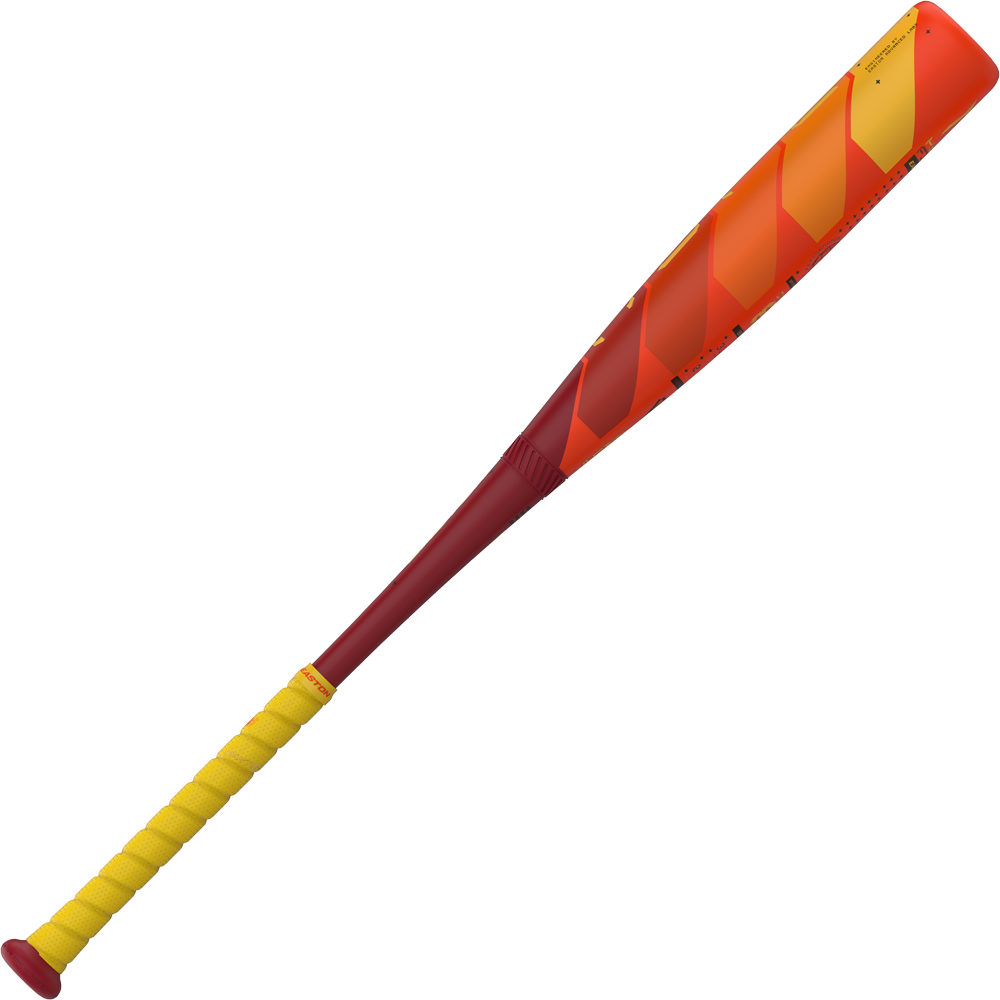 The 2025 Easton Hype Fire (-8) 2 3/4" USSSA Baseball Bat (EUT5HYP8) features a red handle with yellow grip tape and a red-and-orange geometric patterned barrel, showcased against a plain white background.