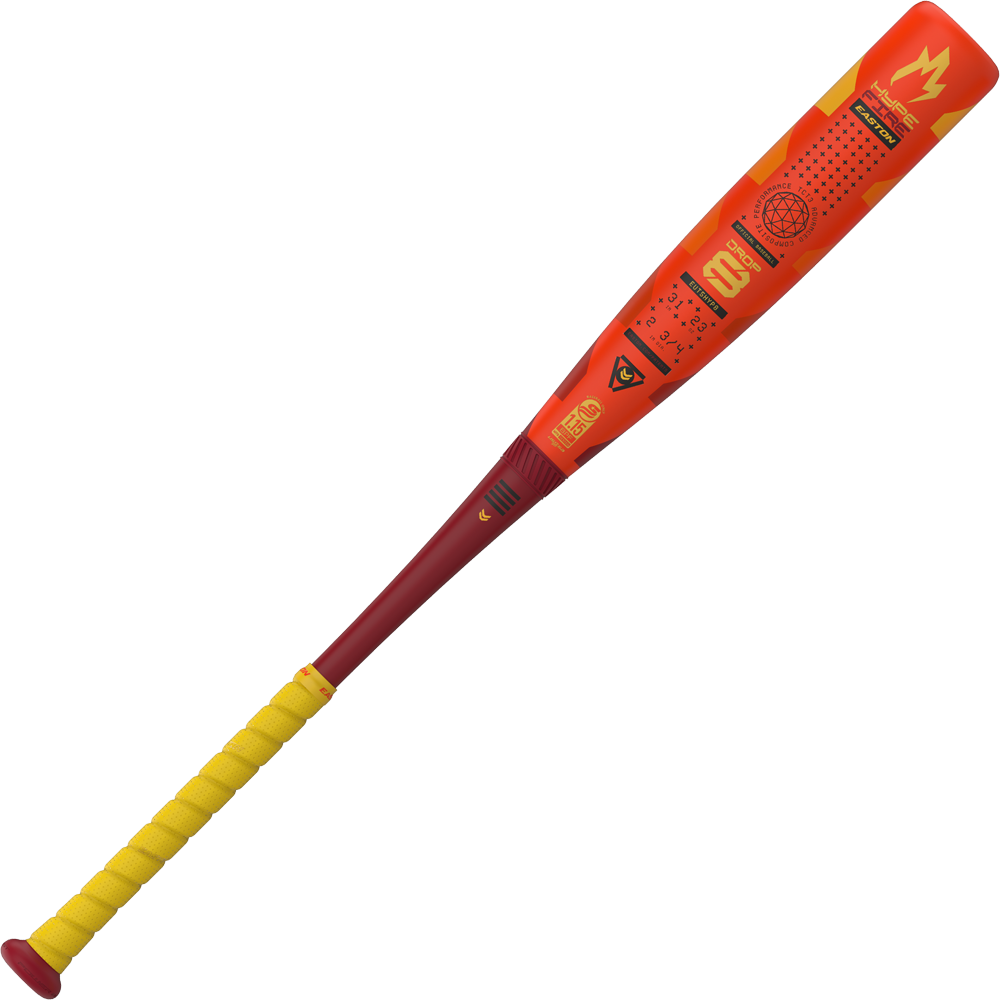 The 2025 Easton Hype Fire (-8) 2 3/4" USSSA Baseball Bat (EUT5HYP8) features a vibrant yellow handle, maroon knob, and an orange-red barrel with yellow and black graphics, plus Easton's advanced Thermo-Composite technology.
