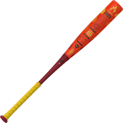 The 2025 Easton Hype Fire (-8) 2 3/4" USSSA Baseball Bat (EUT5HYP8) features a vibrant yellow handle, maroon knob, and an orange-red barrel with yellow and black graphics, plus Easton's advanced Thermo-Composite technology.