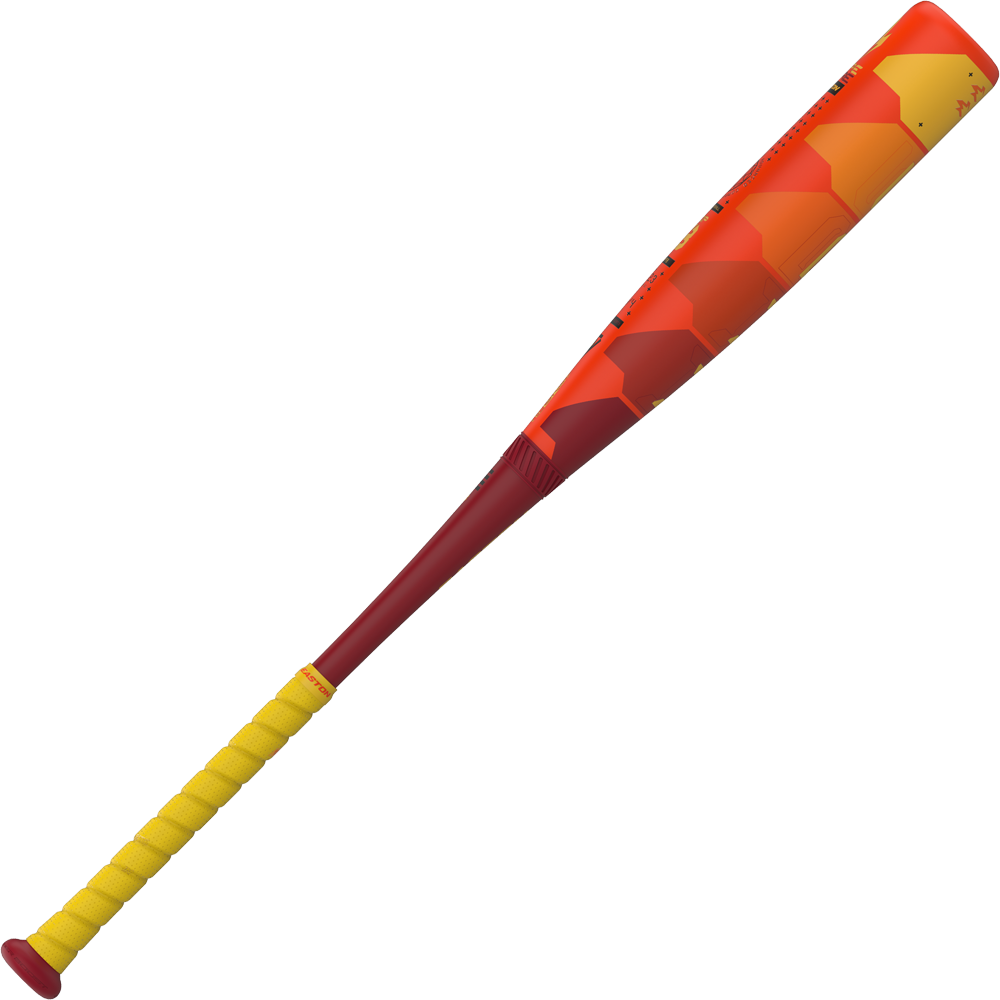 The 2025 Easton Hype Fire (-8) USSSA Baseball Bat features a yellow grip, red knob, a barrel with a red-to-orange hexagon gradient, and Thermo-Composite technology for advanced performance.