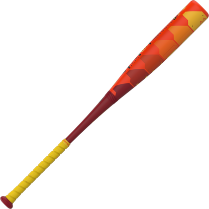 The 2025 Easton Hype Fire (-8) USSSA Baseball Bat features a yellow grip, red knob, a barrel with a red-to-orange hexagon gradient, and Thermo-Composite technology for advanced performance.