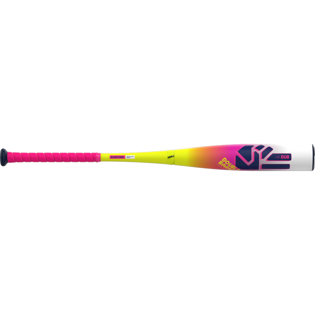 The 2026 Easton Dub (-10) USSSA Baseball Bat features Double Barrel tech, a pink grip, yellow-to-pink gradient barrel, and bold "DUB POWER" graphics in black, white, and pink on a light background.