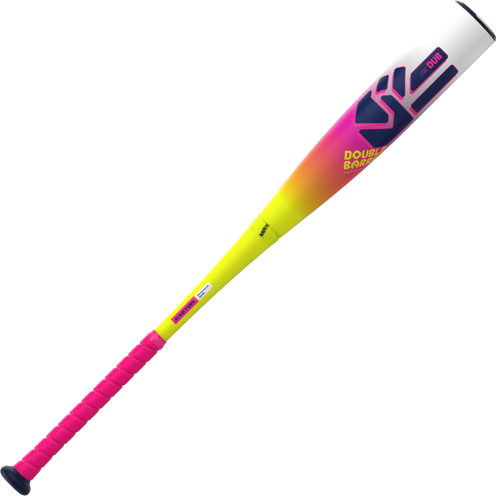 The 2026 Easton Dub (-10) USSSA Baseball Bat (EUT6DUB10) by Easton features a pink handle, yellow midsection, white barrel fade, navy and magenta graphics, "DOUBLE BARREL" text, and advanced Double Barrel tech for top performance.