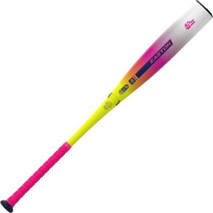 The 2026 Easton Dub (-10) USSSA Baseball Bat features a pink grip, yellow handle, gradient yellow-to-orange-to-pink design toward a white barrel, advanced two-piece composite construction, and the EASTON logo.