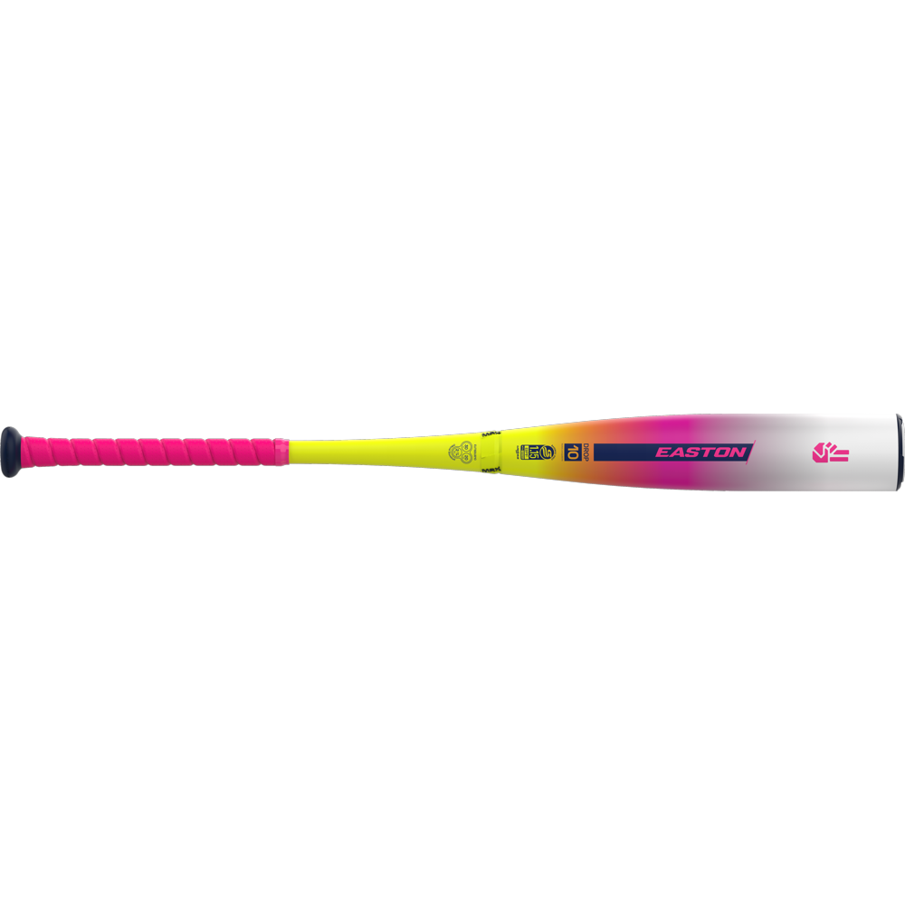 The 2026 Easton Dub (-10) USSSA Baseball Bat features a pink grip, yellow handle, gradient barrel with Easton logo and end graphic, plus a two-piece composite construction for top performance.