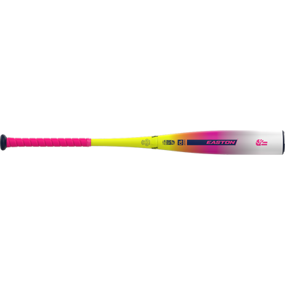 The 2026 Easton Dub (-10) USSSA Baseball Bat features a pink grip, yellow handle, gradient barrel with Easton logo and end graphic, plus a two-piece composite construction for top performance.