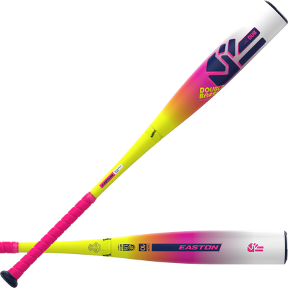 Two vibrant 2026 Easton Dub (-10) USSSA baseball bats feature a yellow, pink, and purple gradient design, dark blue logo and text, pink grip handles, Double Barrel technology, and the Easton brand displayed on each bat.