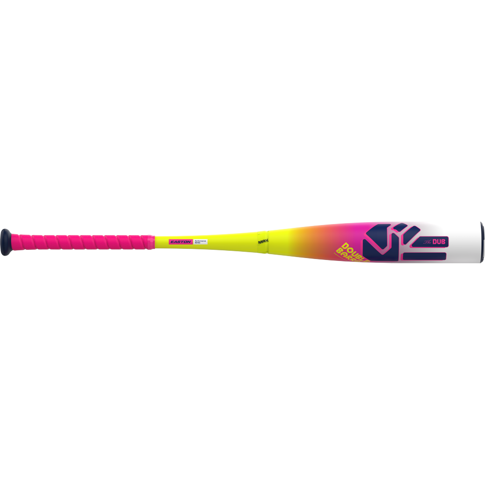 The 2026 Easton Dub (-8) 2 3/4" USSSA Baseball Bat (EUT6DUB8) features a pink grip, yellow to pink gradient barrel, bold black and pink DROP DUB graphics, modern styling, and two-piece composite construction.