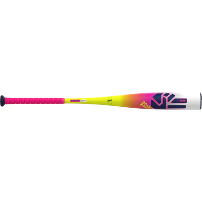 The 2026 Easton Dub (-8) 2 3/4" USSSA Baseball Bat (EUT6DUB8) features a pink grip, yellow to pink gradient barrel, bold black and pink DROP DUB graphics, modern styling, and two-piece composite construction.
