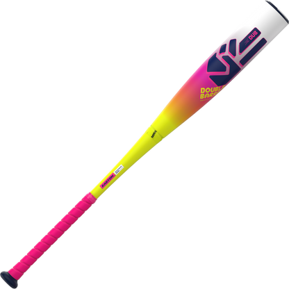 The 2026 Easton Dub (-8) 2 3/4" USSSA Baseball Bat features a pink handle, yellow midsection, and white barrel with bold pink, purple, and yellow DOUBLE BARREL graphics in a two-piece composite Double Barrel design by Easton.