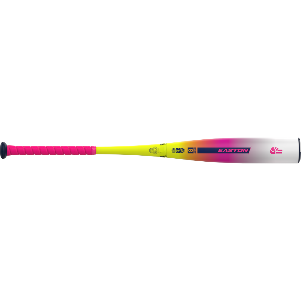 The 2026 Easton Dub (-8) 2 3/4" USSSA Baseball Bat (EUT6DUB8) features a pink grip, yellow handle, a white-to-pink/purple barrel with Easton graphics, and two-piece composite construction for top performance.