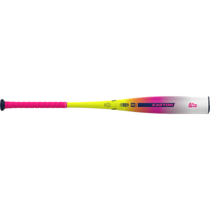 The 2026 Easton Dub (-8) 2 3/4" USSSA Baseball Bat (EUT6DUB8) features a pink grip, yellow handle, a white-to-pink/purple barrel with Easton graphics, and two-piece composite construction for top performance.