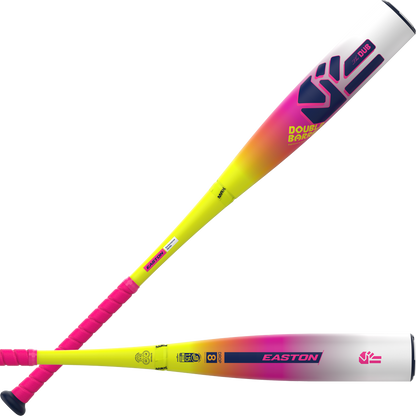 The 2026 Easton Dub (-8) 2 3/4" USSSA Baseball Bat features neon colors, pink handle, yellow-to-orange-magenta fade, purple accents, and bold EASTON branding. Its two-piece composite build uses Double Barrel tech for top performance.