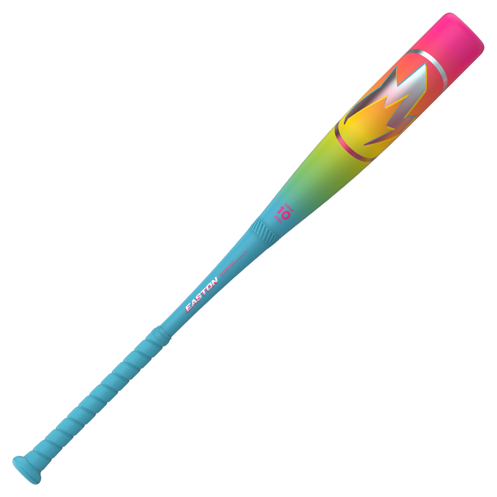 The 2026 Easton Hype Fire (-10) USSSA Baseball Bat features a turquoise handle, green/yellow barrel, pink end, bold lightning M logo, and ThermoComposite two-piece composite construction for top performance.