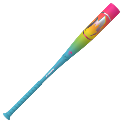 The 2026 Easton Hype Fire (-10) USSSA Baseball Bat features a turquoise handle, green/yellow barrel, pink end, bold lightning M logo, and ThermoComposite two-piece composite construction for top performance.