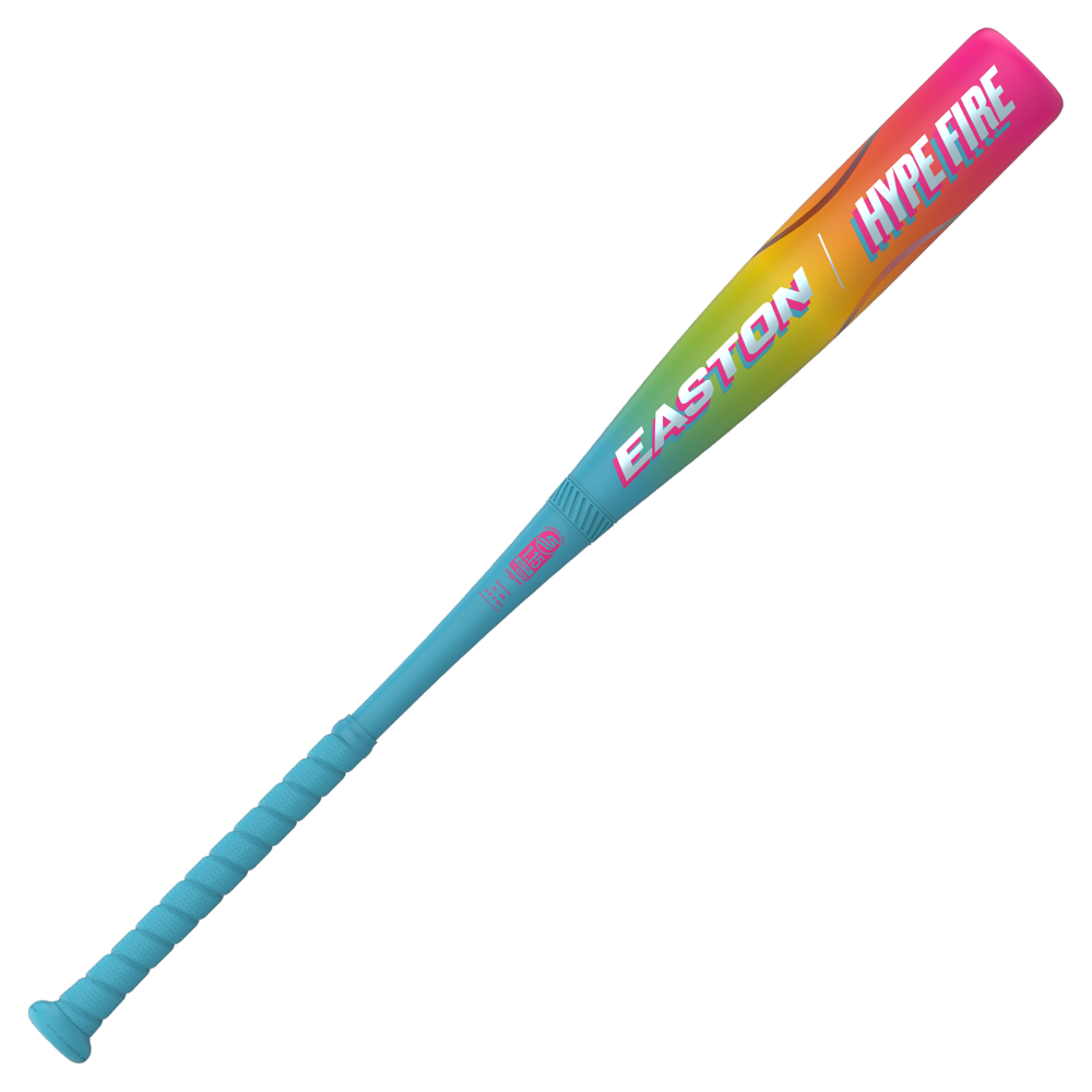 The 2026 Easton Hype Fire (-5) 2 3/4" USSSA Baseball Bat (EUT6HYP5) features ThermoComposite technology, a blue grip, a yellow-to-pink gradient barrel, and bold white EASTON and HYPE FIRE logos for standout style and performance.