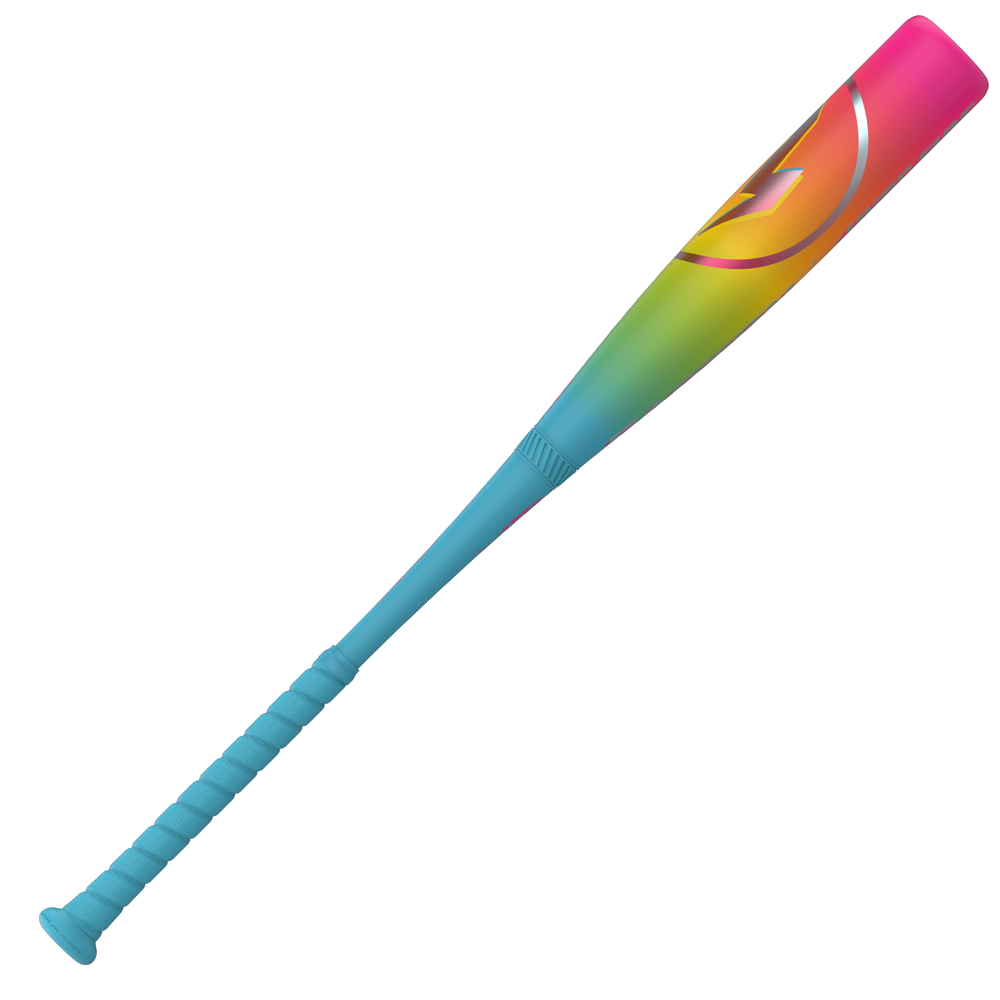 The 2026 Easton Hype Fire (-8) 2 3/4" USSSA Baseball Bat (EUT6HYP8) features a blue handle, vibrant yellow-green-orange-pink gradient barrel, ThermoComposite technology, and a lightning bolt graphic near the top.