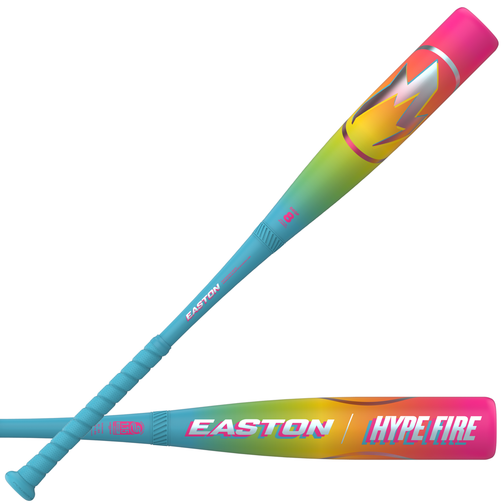 Two vibrant Easton Hype Fire (-8) USSSA bats, with blue handles and barrels in pink, yellow, and green gradients, feature bold white Easton branding and advanced ThermoComposite technology. Model: EUT6HYP8 (2026).