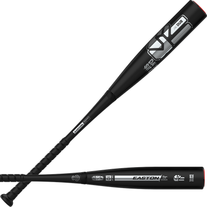 Two black 2027 Easton Dub Darkside (-10) 2 3/4″ USSSA Baseball Bats (EUT7DBDS10), each featuring bold white and silver Easton logos and model text. One bat is positioned diagonally while the other lies horizontally, showcasing both the barrel and Opti-Flex Handle, as well as the innovative Double Barrel Construction, all set against a white background.