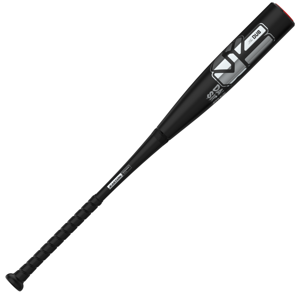 A 2027 Easton Dub Darkside (-5) 2 3/4″ USSSA Baseball Bat (EUT7DBDS5) by Easton, black with a textured grip, Opti-Flex Handle, and silver graphics on the double barrel construction, is shown against a plain white background.