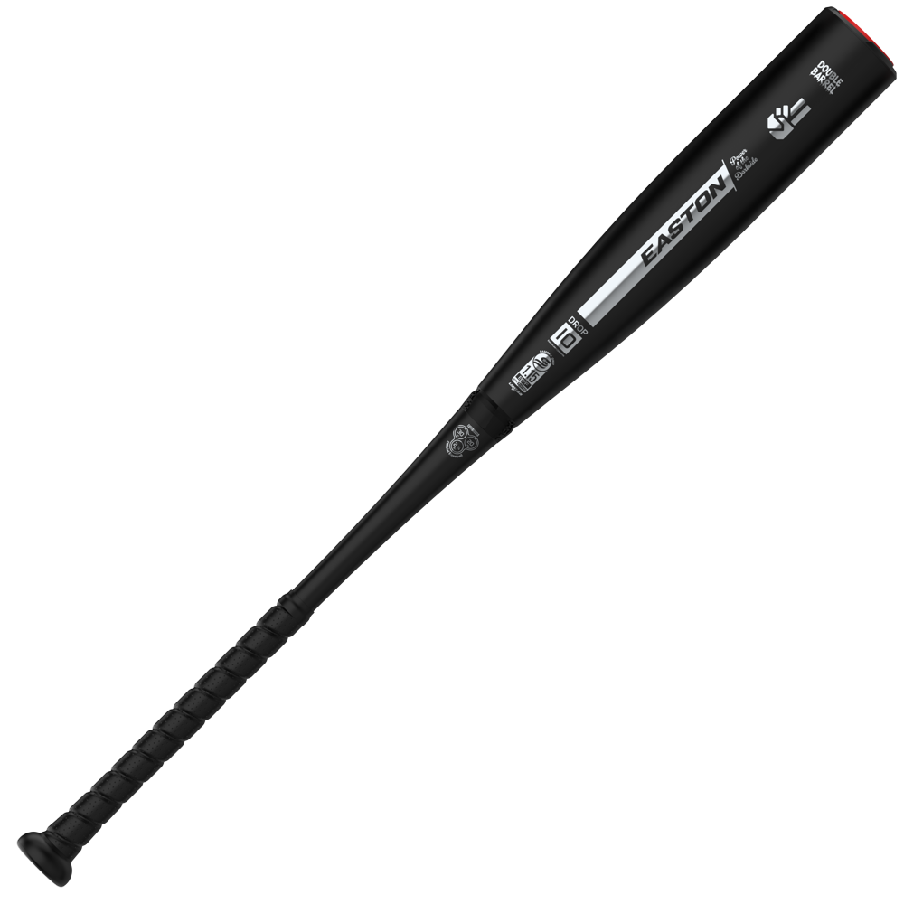 A black 2027 Easton Dub Darkside (-5) 2 3/4″ USSSA Baseball Bat (EUT7DBDS5) with a textured Opti-Flex Handle and white Easton branding on the barrel, featuring double barrel construction, is positioned diagonally on a white background.