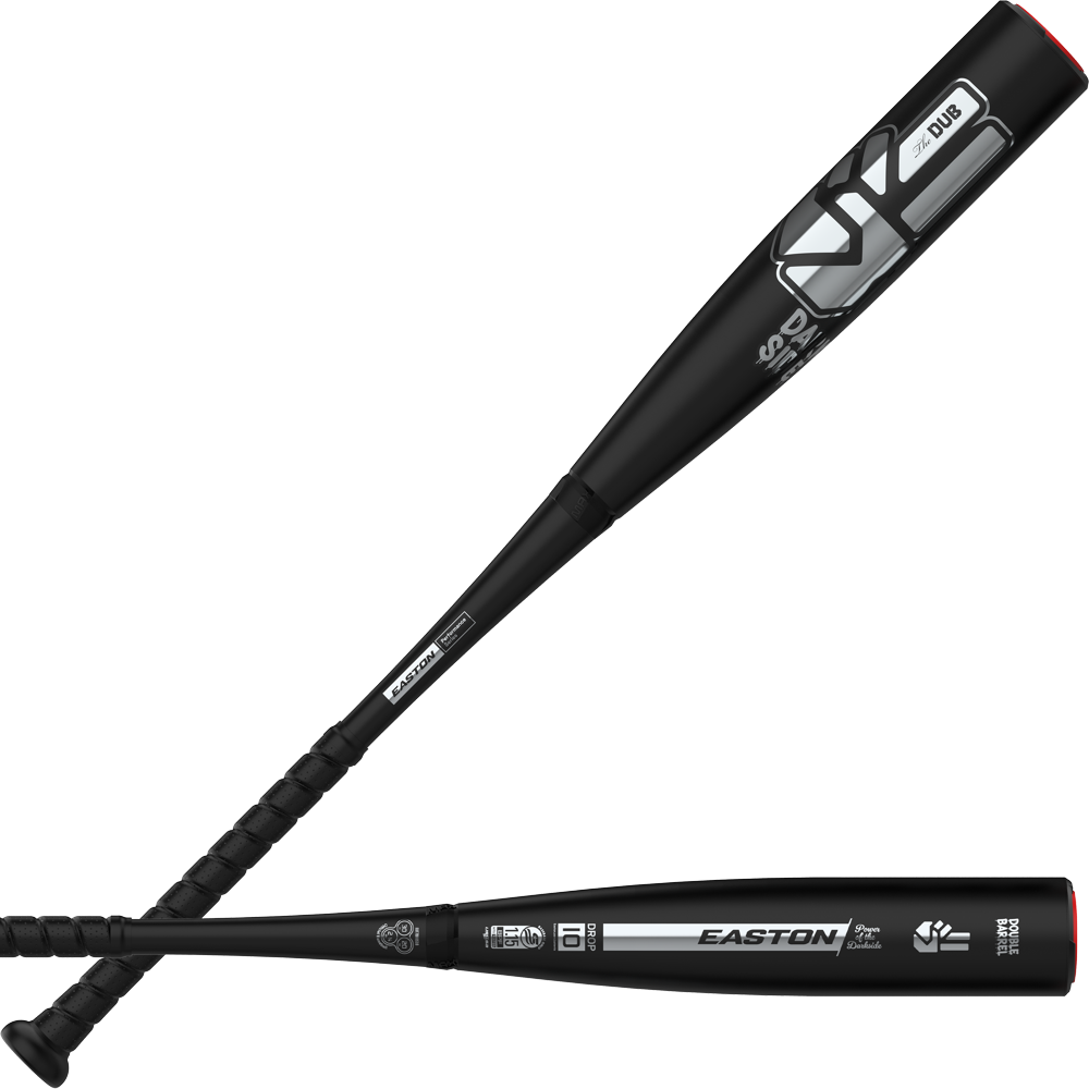 Two black Easton baseball bats are displayed, one lying flat and the other positioned at an angle above it. Both bats—including the 2027 Easton Dub Darkside (-5) 2 3/4″ USSSA Baseball Bat (EUT7DBDS5) with its advanced double barrel construction—feature white and silver branding and text against a simple light background.