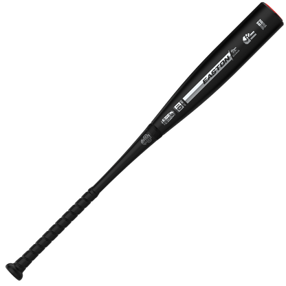 A black 2027 Easton Dub Darkside (-8) 2 3/4″ USSSA Baseball Bat (EUT7DBDS8) with a textured grip and white logos on the barrel, featuring innovative Double Barrel Construction and an Opti-Flex Handle, is shown on a white background.