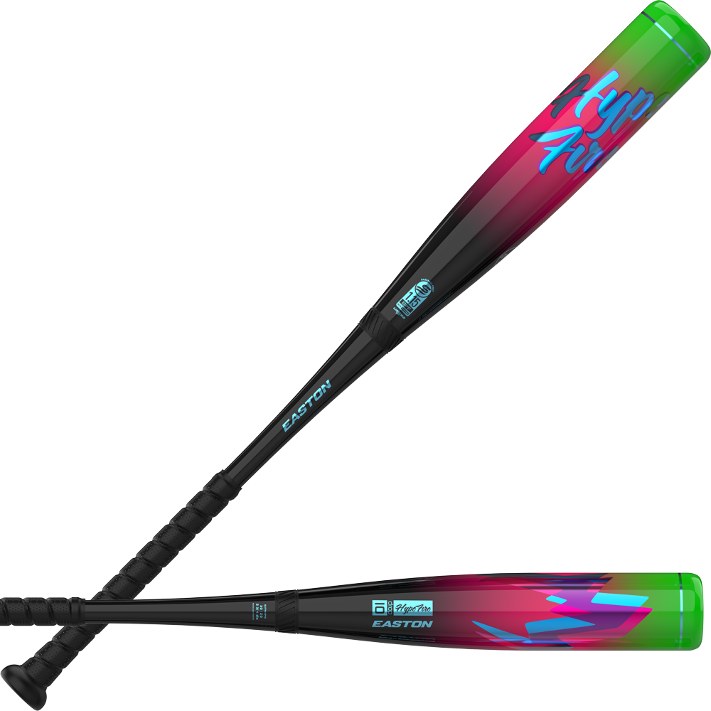 Two black Easton 2027 Hype Fire (-10) 2 3/4″ USSSA Baseball Bats (EUT7HYP10), each featuring vibrant pink, purple, teal, and green gradient designs with graffiti-style “Chop Art” text near the barrel, are crossed against a white background—showcasing their sleek design that echoes the innovative look of Easton’s renowned Hype Fire line.