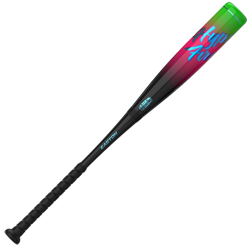 The 2027 Easton Hype Fire (-8) 2 3/4″ USSSA Baseball Bat (EUT7HYP8) features a sleek black handle and a barrel that fades from black to red to green, highlighted by bold, colorful graffiti-style text near the end. Engineered with Easton’s advanced TCT Barrel construction, this bat delivers powerful performance on the field.