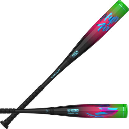 Two black Easton baseball bats with bright green ends and pink-to-green gradient barrels, featuring bold blue and pink graphics and the words “Camp Art” near the top. These bats offer premium features inspired by models like the 2027 Easton Hype Fire (-8) 2 3/4″ USSSA Baseball Bat (EUT7HYP8), including advanced TCT Barrel technology for enhanced performance. The handles are equipped with sleek black grips, delivering comfort and control on every swing.
