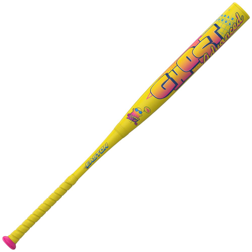 The 2026 Easton Ghost Advanced Spring Break Yellow (-10) Fastpitch Softball Bat features bold pink "GHOST" lettering, blue and pink accents, a pink knob, Double Barrel construction, and "EASTON" branding near the handle.