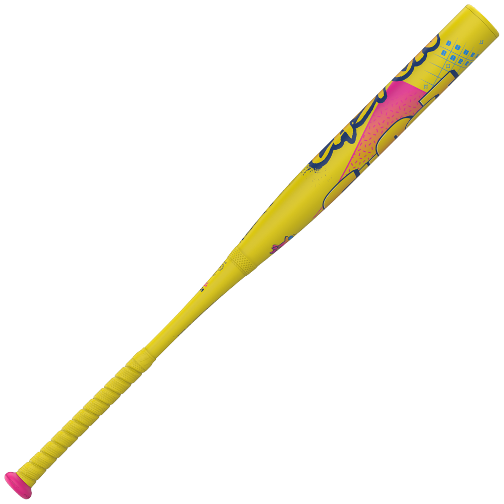 The 2026 Easton Ghost Advanced Spring Break Yellow (-10) Fastpitch Softball Bat features a yellow barrel, pink end cap, playful pink/blue graphics, Double Barrel construction, and a matching yellow wrapped grip—adding vibrant style to your game.