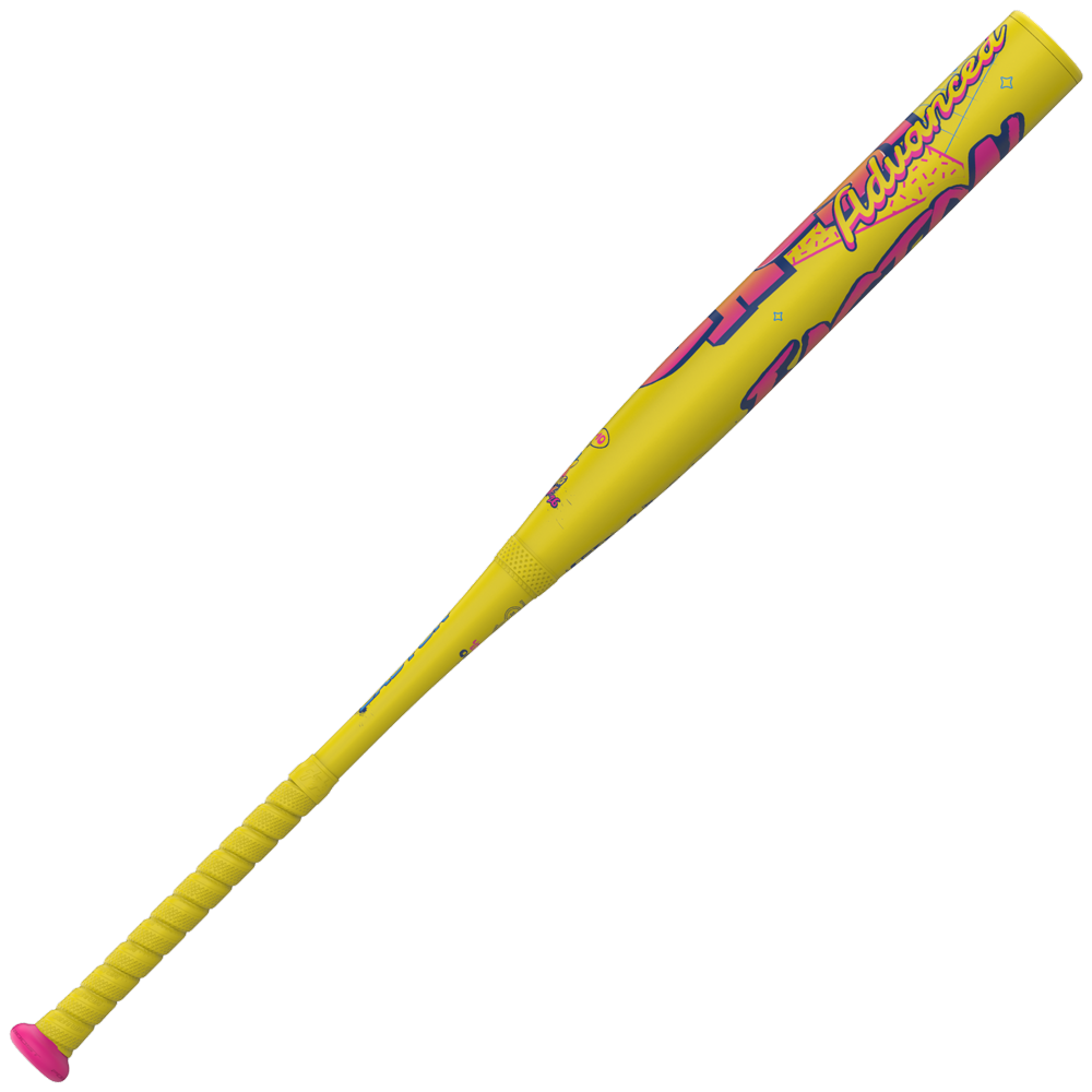 The 2026 Easton Ghost Advanced Spring Break Yellow (-10) Fastpitch Softball Bat (EFP6GHSY10) features bold graphics, a pink-wrapped grip, Sonic Comp Max composite barrel and handle, and Double Barrel construction.