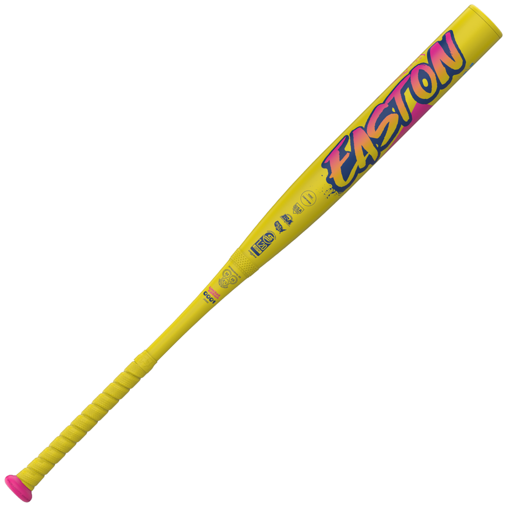 The 2026 Easton Ghost Advanced Spring Break Yellow (-11) Fastpitch Softball Bat (EFP6GHSY11) features a yellow barrel, pink knob, bold purple and pink "EASTON" lettering, and a matching yellow grip, inspired by the iconic Ghost Advanced design.