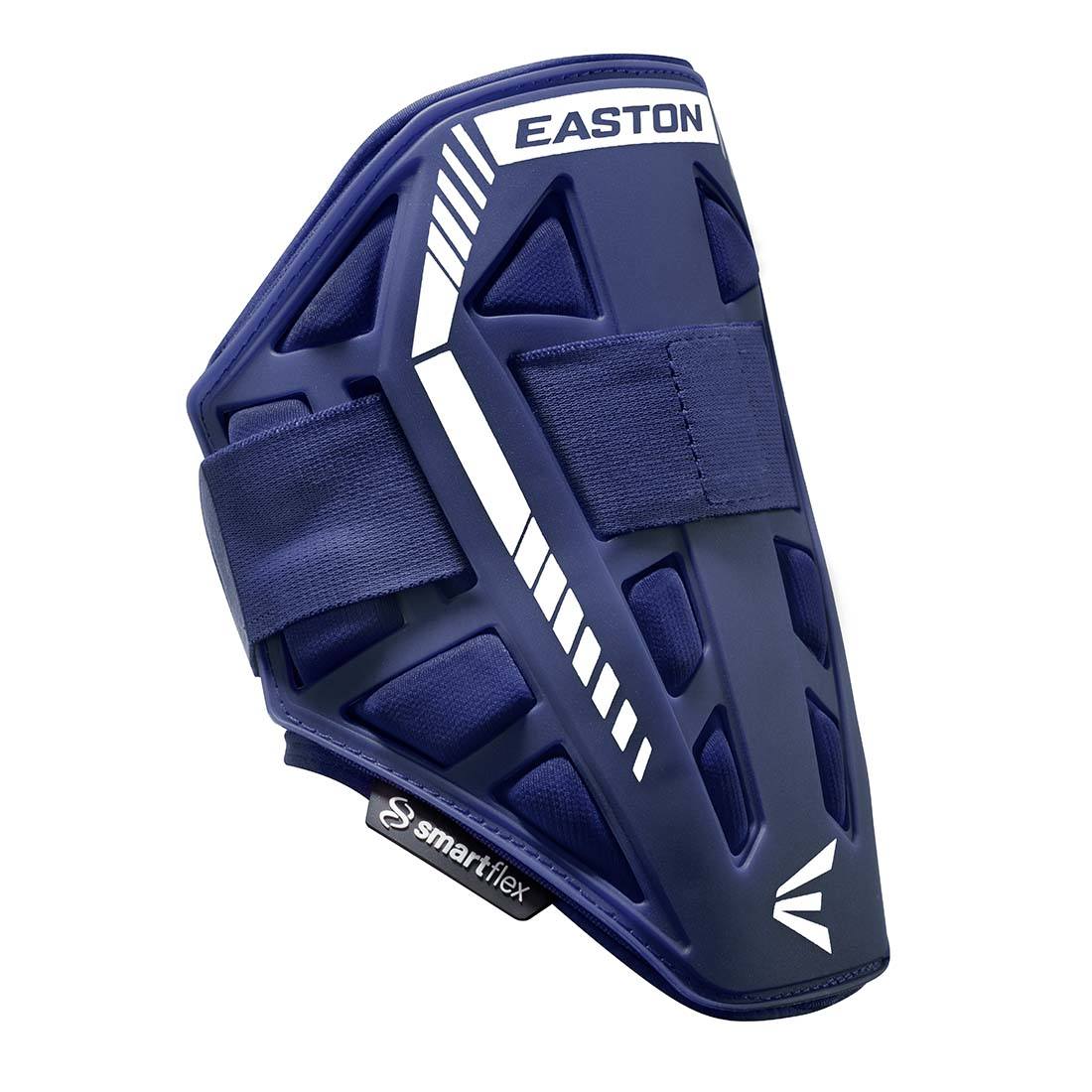 The Easton Compact Batter Elbow Guard: ES37 in navy blue features a white logo, diagonal stripes, and adjustable black Velcro straps for a secure fit—ideal protection for baseball or softball players.