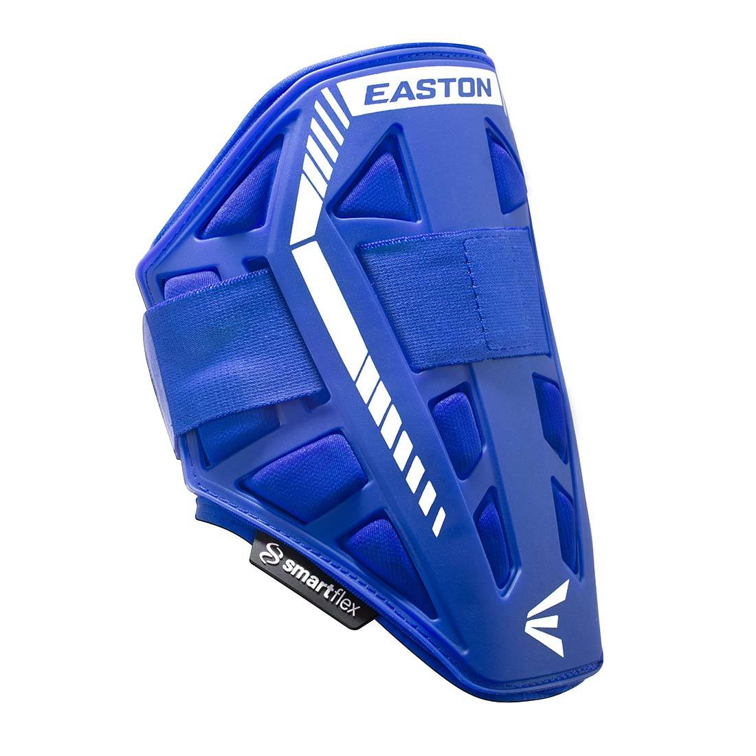 The Easton Compact Batter Elbow Guard: ES37 is a blue protective gear with white accents, featuring two adjustable straps and smartflex padding—essential for any player.