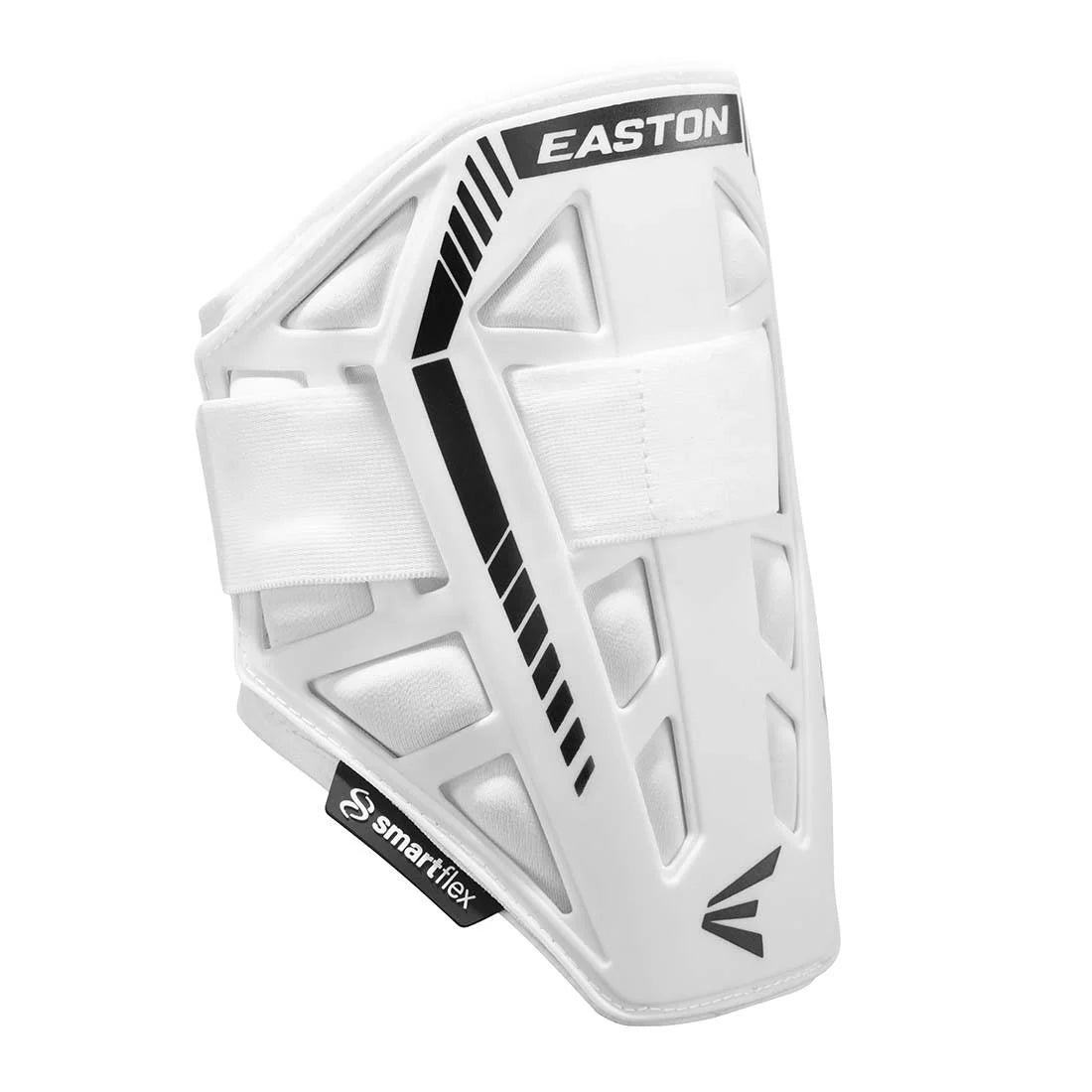 The Easton Compact Batter Elbow Guard: ES37 features a white design with black accents, a wide elastic strap, and smartflex label; this Easton gear provides protective sports use for batters.